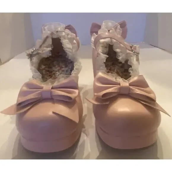 Lolita Womens Mary Janes Pump Shoes Bowknot T-Strap Block Heel Lace - Size 34 - Picture 4 of 8